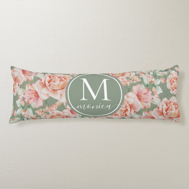 Sage Grönt Blommigt Watercolor Ro Mönster Monogram Kroppskudde (Framsidan)