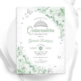 Sage Grönt Blommigt Watercolor Ro Quinceanera Inbjudningar