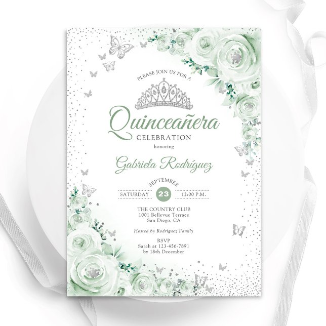 Sage Grönt Blommigt Watercolor Ro Quinceanera Inbjudningar (Skapare uppladdad)