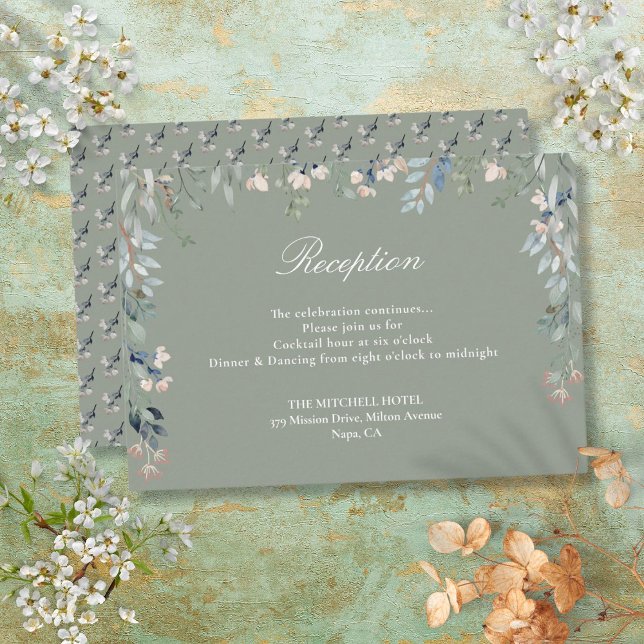 Sage Grönt Blommigt Wildblommbröllopsmottagning Tilläggskort (Sage Green Floral Wildflowers Wedding Reception Enclosure Card)