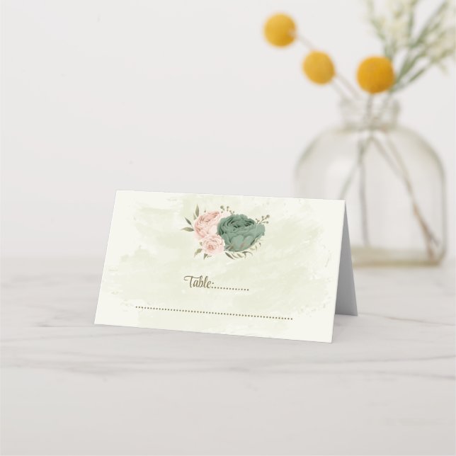 Sage grönt  blommor botaniska bröllop placeringskort (Framsida)