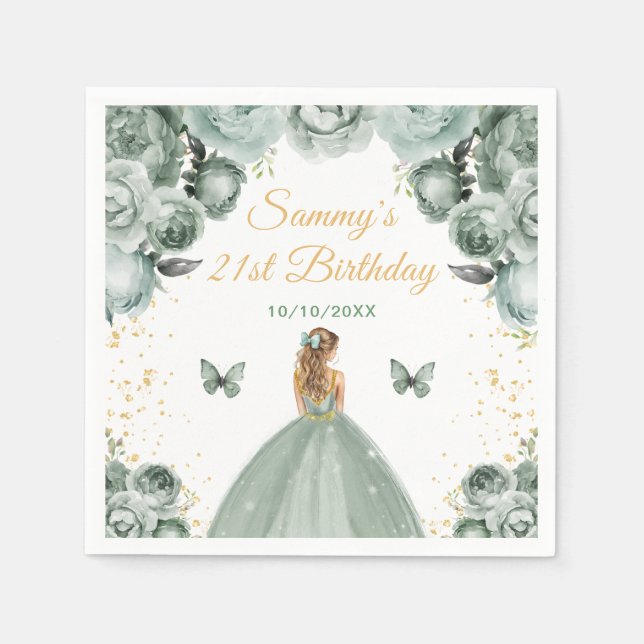 Sage Grönt Blonde Hair Princess Födelsedagsfest Pappersservett (Framsidan)