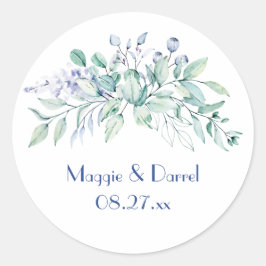 Sage Grönt & Blue Greenery Bröllop Monogram Runt Klistermärke