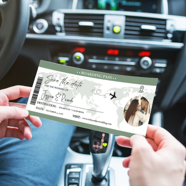 Sage Grönt Boarding pass Biljett Bröllop Spara Datumet (Skapare uppladdad)
