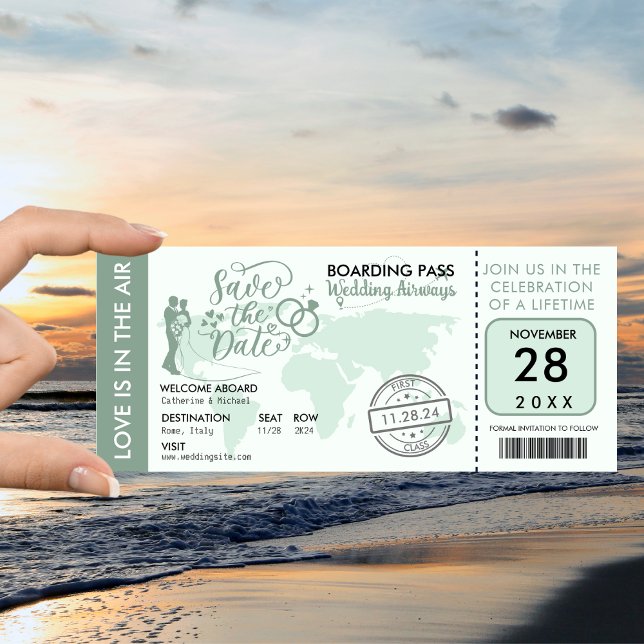 Sage Grönt Boarding Pass Destinationsbröllop Spara Datumet (Skapare uppladdad)