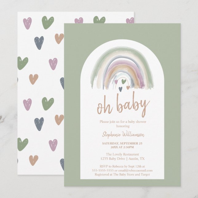 Sage Grönt Boho Arch Baby Shower-inbjudan Inbjudningar (Fram/baksida)