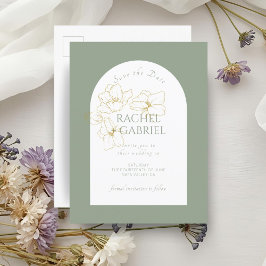Sage Grönt | Boho Arch Guld Blommigt Bröllop Vykort
