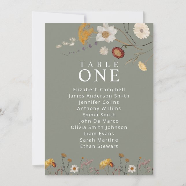 Sage Grönt Boho Blommigt Bord: Sittplatskort för  Inbjudningar (Framsida)