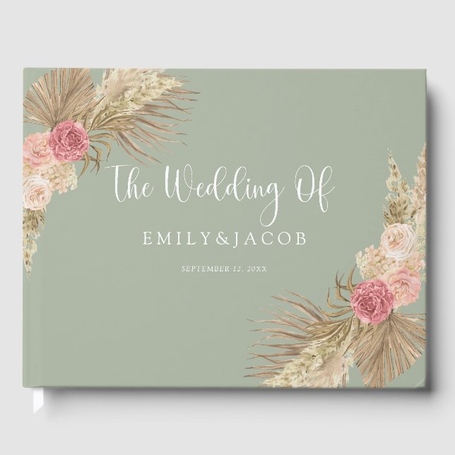Sage Grönt Boho Blommigt Bröllop Gästböcker (Framsida)
