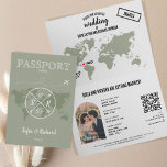 Sage Grönt Boho Bröllop Passport Karta QR-kod Inbjudan<br><div class="desc">Modern Boho World Map-inbjudan till Bröllop,  som pass,  med ditt monogram. Lägg till QR-koden. Bakgrund till grönten färg</div>