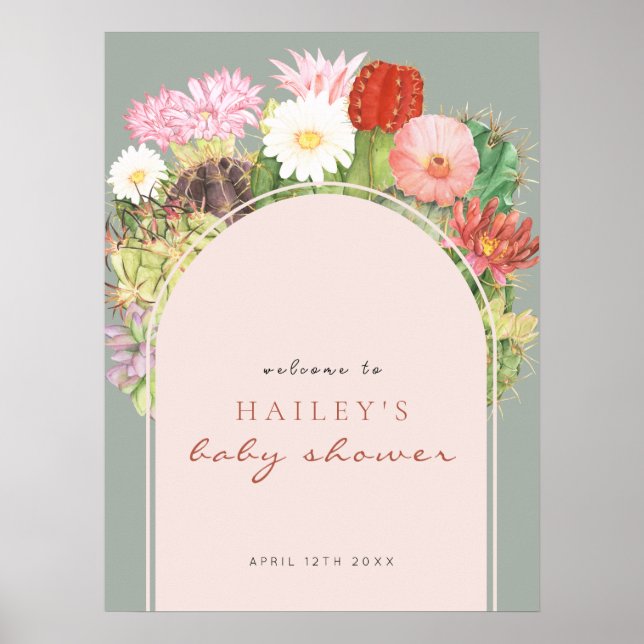 Sage Grönt Boho Cactus Välkommen Baby Shower Poster (Framsidan)