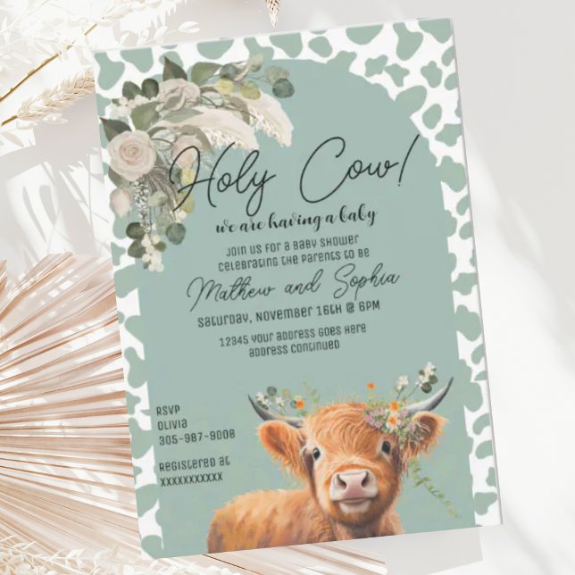 Sage Grönt Boho Heliga Cow Baby Shower-inbjudan Inbjudningar (Skapare uppladdad)