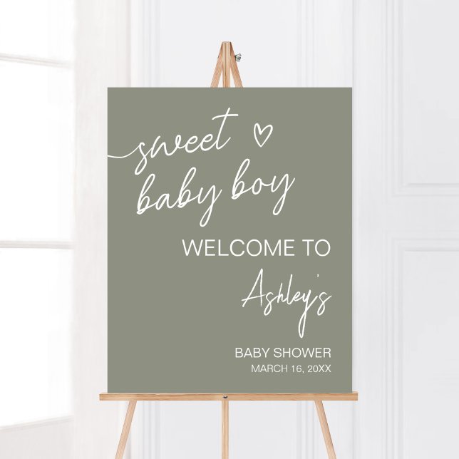 Sage Grönt Boho Minimalist Välkommen Poster (Sweet Baby Boy Boho Baby Shower Welcome Sign)
