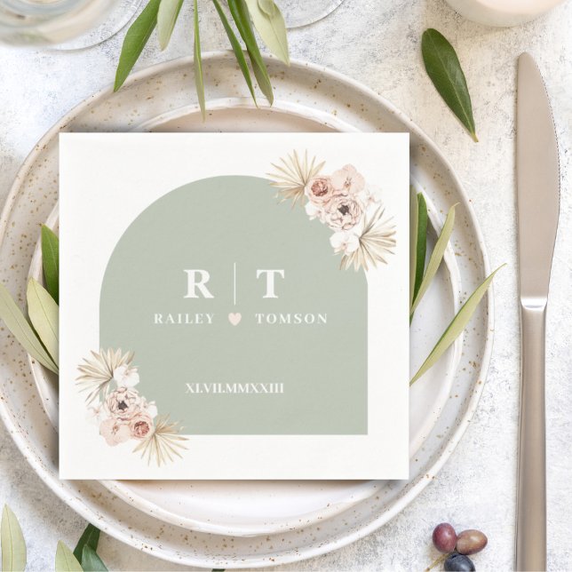 Sage Grönt Boho Pampas Elegant bröllop Minimalist Pappersservett (Skapare uppladdad)