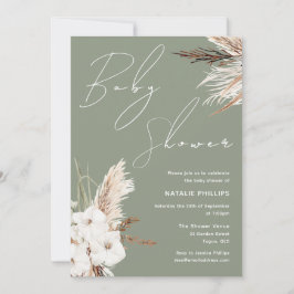 Sage Grönt Boho White Blommigt Modern Baby Shower Inbjudningar