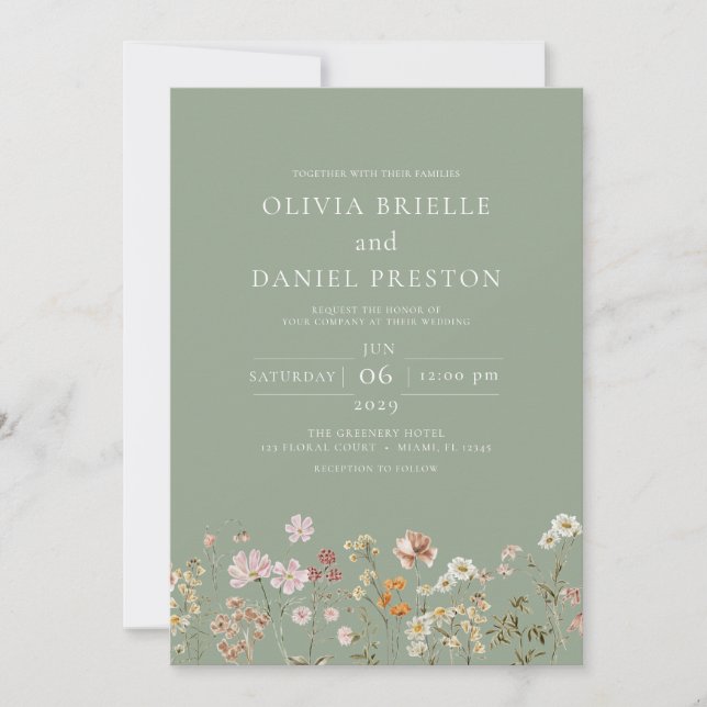 Sage Grönt Boho WildblomGarden Wedding Wedding Inbjudningar (Framsida)