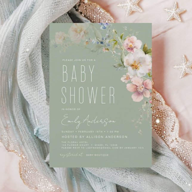 Sage Grönt Boho Wildblomma Baby Shower-inbjudan Flygblad (Skapare uppladdad)