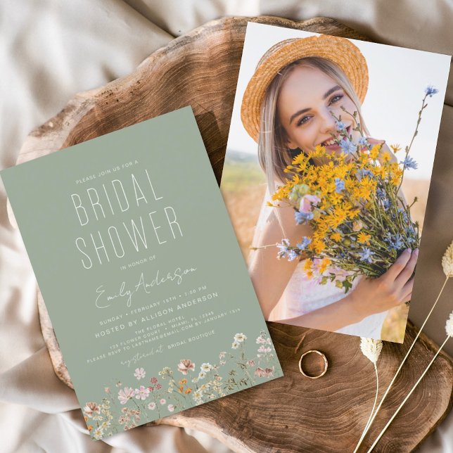 Sage Grönt Boho Wildblomma Möhippa Photo Inbjudningar (Skapare uppladdad)