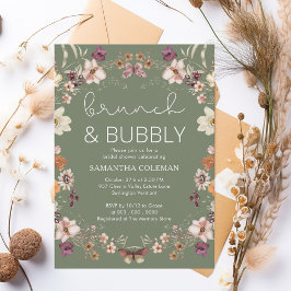 Sage Grönt Boho Wildblomme Möhippa Brunch Inbjudningar