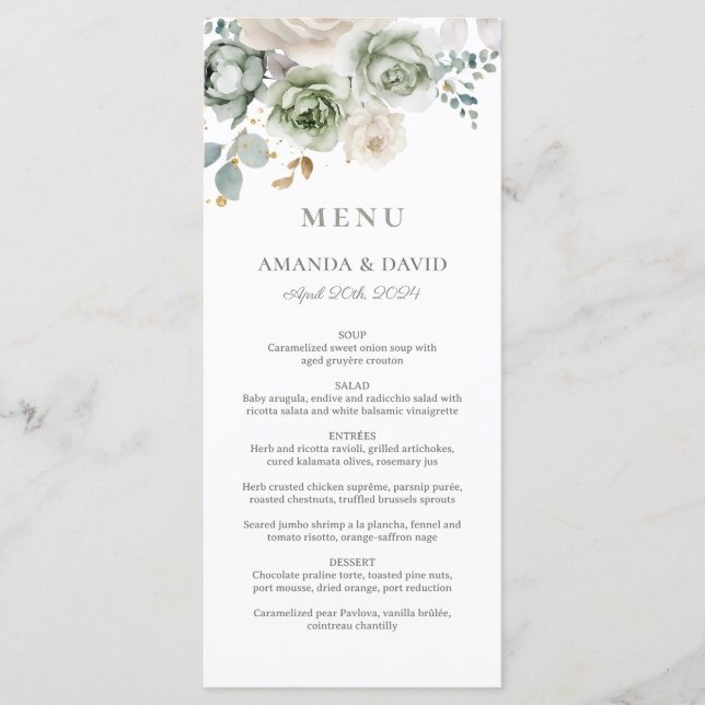 Sage Grönt Botanical Elegant bröllop Flat Menu Meny (Framsida)