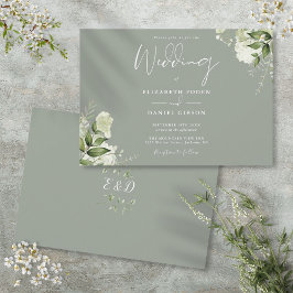 Sage Grönt Botanical Greenery Monogram Bröllop Inbjudningar