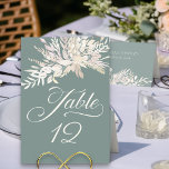 Sage Grönt Botaniskt Bordsnummer för flytande lök<br><div class="desc">Sage Grönt bordsnummer card med elegant calligraphy och anpassningsbar number. Denna botaniska utformning har en kanopi av vattenfärgat blad med kaskadbukett av löv i skuggor av palominovetesmandel. Elegant, lugn design med modern stil och en mjuk naturpalett i färg. Bläddra i min butik - samling av blad - för matchande artiklar....</div>
