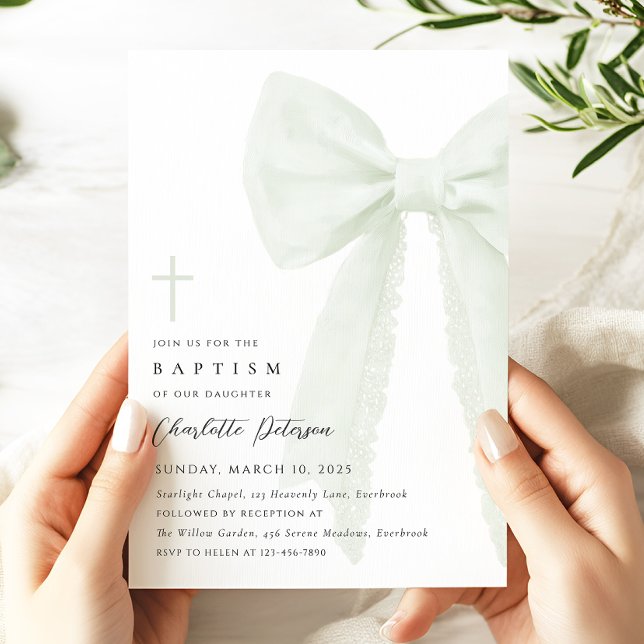 Sage Grönt Bow Baptism-inbjudan Inbjudningar (Skapare uppladdad)