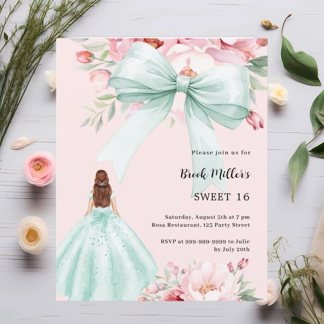 Sage grönt bow dress rosa Sweet 16 inbjudan (Skapare uppladdad)