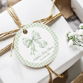 Sage Grönt Bow Gingham Baby Shower Tack Gåvor Etiketter