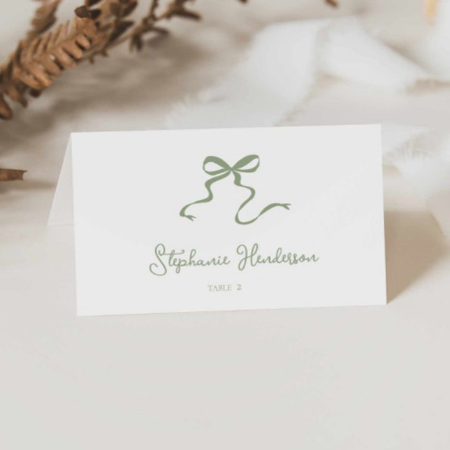 Sage Grönt Bow-mappat platskort Bordsnummer (sage green bow wedding tent place card/ unique bow illustration folded seating card escort card)