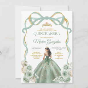 Sage Grönt Bow Princess Guld Krona Quinceañera Inbjudningar
