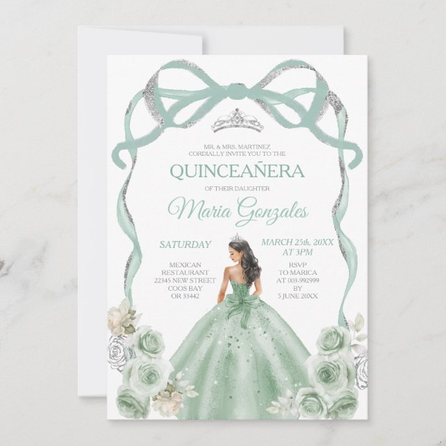 Sage Grönt Bow Princess Silver Krona Quinceañera Inbjudningar (Framsida)
