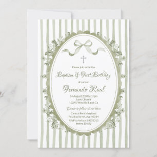 Sage Grönt Bow Ribbon Oval Ram Baptism Neutralt Inbjudningar