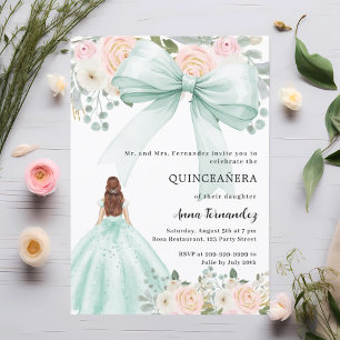 Sage grönt bow rosa blommigts dress Quinceanera Inbjudningar