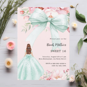 Sage grönt bow rosa blommigts dress Sweet 16 Inbjudningar