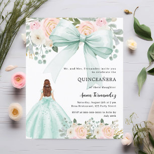 Sage grönt bow rosa dress Quinceanera-inbjudan