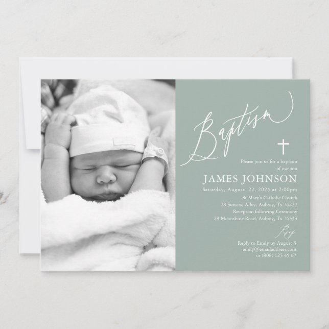 Sage Grönt Boy Baptism Fotoinbjudan Inbjudningar (Framsida)