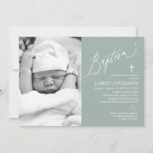 Sage Grönt Boy Baptism Fotoinbjudan Inbjudningar