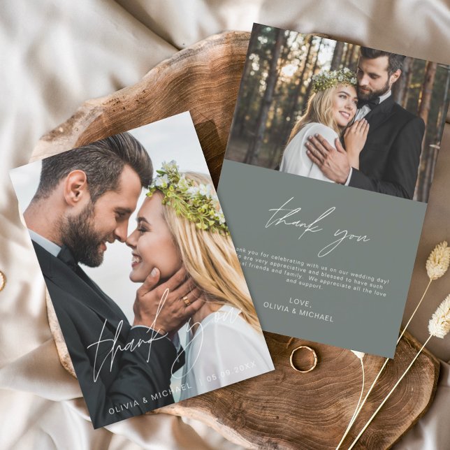 Sage Grönt Bröllop Handskriftlig Tack 2 Foton Kort (Skapare uppladdad)