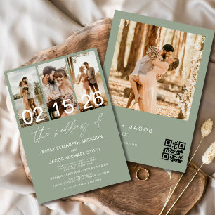 Sage Grönt Bröllop i Eleganten Photo QR-kod Inbjudningar