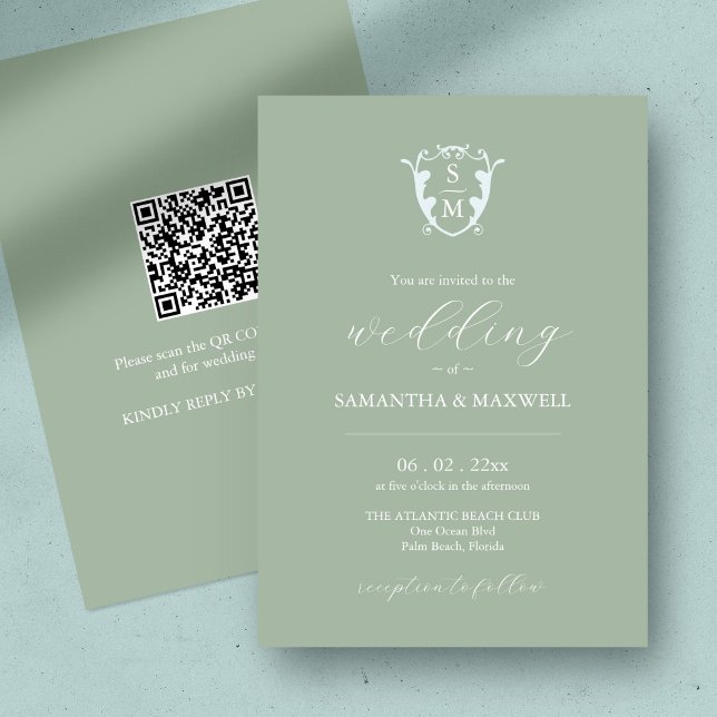 Sage Grönt bröllopsinbjudan med QR-kod Inbjudningar (QR code wedding invitation sage green minimalistic custom monogram crest )