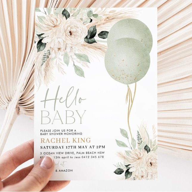 Sage Grönt Bubblor Blommigt Baby Shower Inbjudningar (Hello Baby Baby Shower invitation | Sage green balloons and white green flowers)