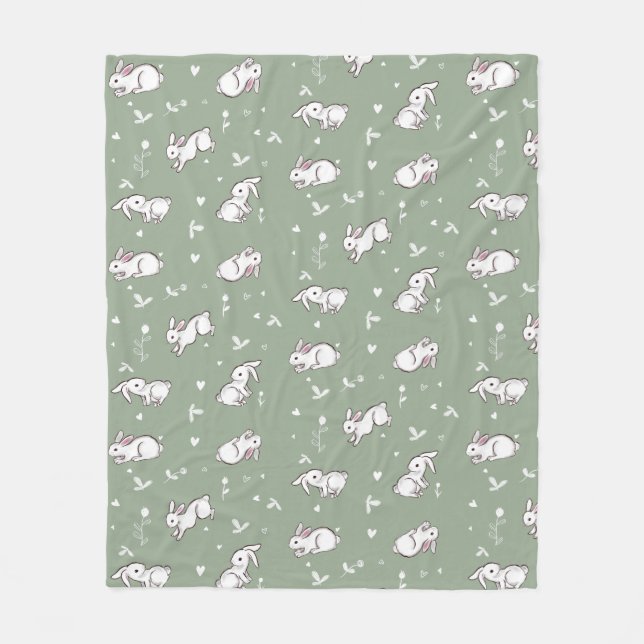 Sage Grönt Bunny Patterned Fleece Blanket (Framsidan)