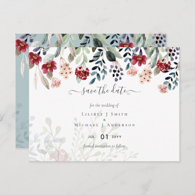 Sage Grönt Burgundy Blue Blommigt Bröllop Vykort (Fram/baksida)