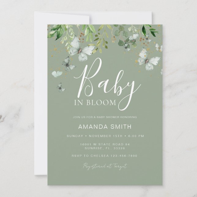 Sage Grönt Butterfly Baby i Bloom Baby Shower Inbjudningar (Framsida)