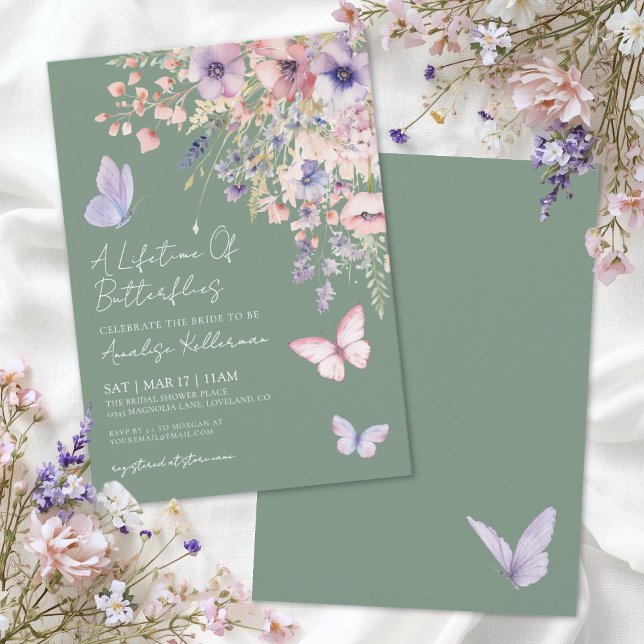 Sage Grönt Butterfly Wildblomma Möhippa Inbjudningar (Sage Green Butterfly Wildflower Bridal Shower Invitation)