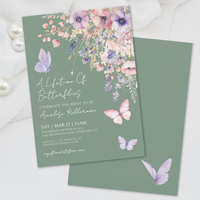 Sage Grönt Butterfly Wildblomma Möhippa Inbjudningar (Sage Green Butterfly Wildflower Bridal Shower Invitation)
