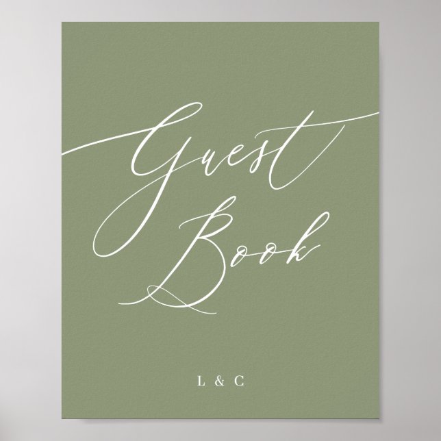 Sage Grönt Calligraphy Bröllop Guest Bok Sign Poster (Framsidan)