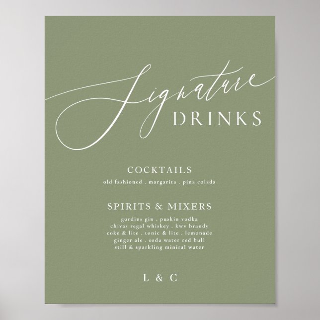 Sage Grönt Calligraphy Bröllop Namnteckning Drinks Poster (Framsidan)