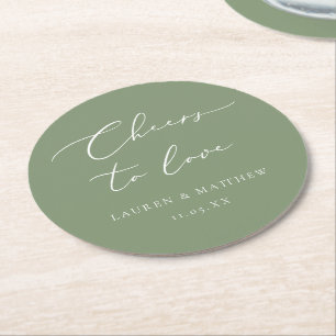 Sage Grönt Calligraphy Chef to Kärlek Bröllop Underlägg Papper Rund